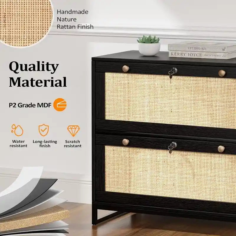 Wood Rattan 2 Drawer Lateral File Cabinet with Lock for Home Office
