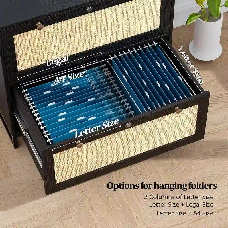 Wood Rattan 2 Drawer Lateral File Cabinet with Lock for Home Office