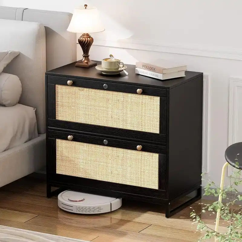Wood Rattan 2 Drawer Lateral File Cabinet with Lock for Home Office