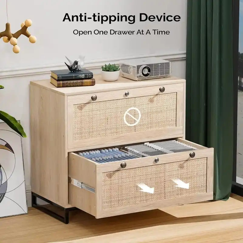 Wood Rattan 2 Drawer Lateral File Cabinet with Lock for Home Office