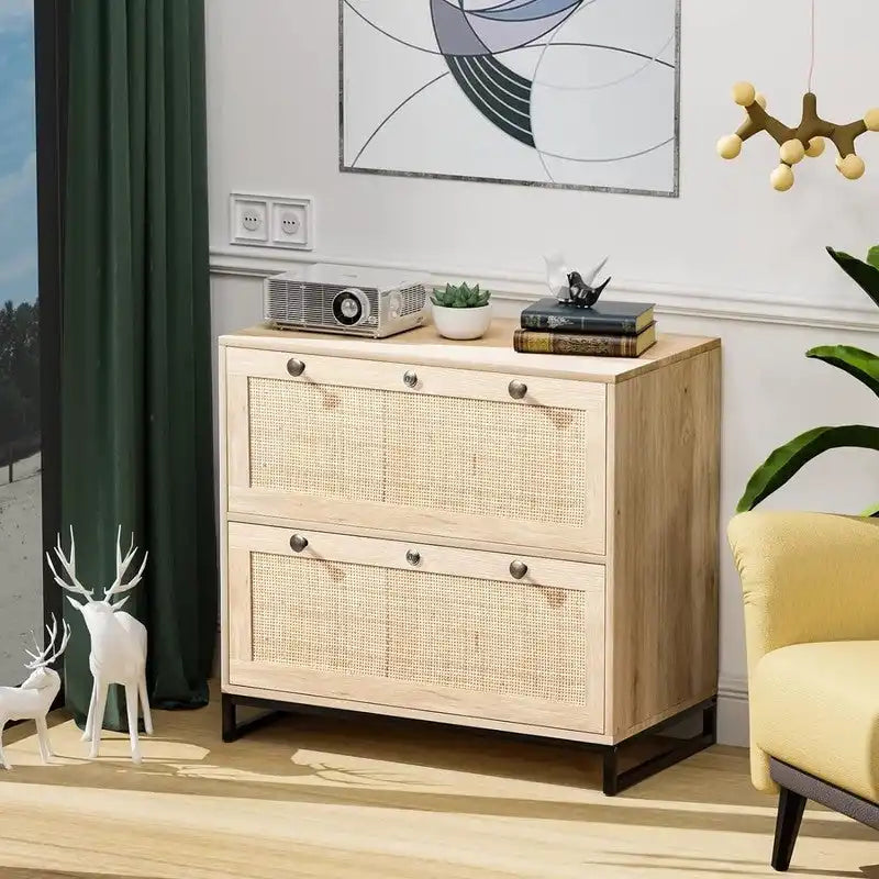 Wood Rattan 2 Drawer Lateral File Cabinet with Lock for Home Office