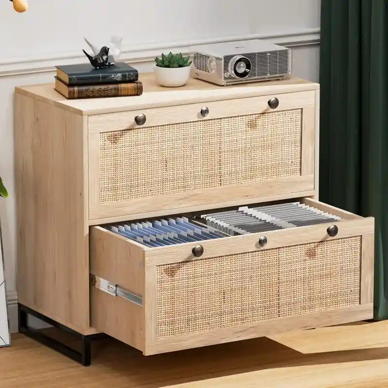 Wood Rattan 2 Drawer Lateral File Cabinet with Lock for Home Office
