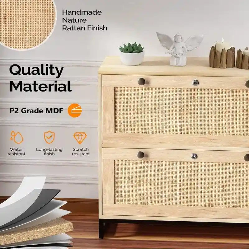 Wood Rattan 2 Drawer Lateral File Cabinet with Lock for Home Office