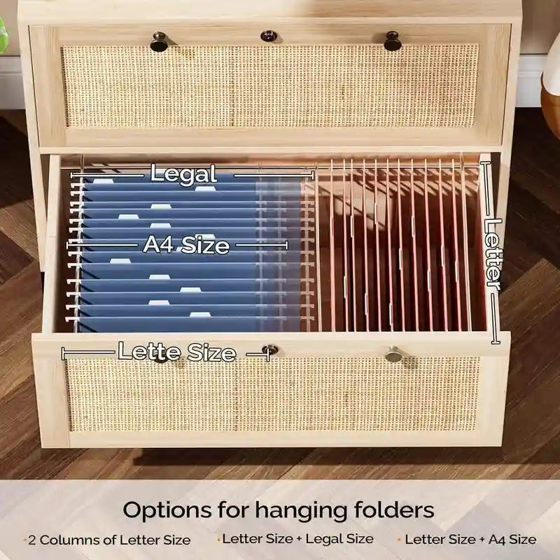 Wood Rattan 2 Drawer Lateral File Cabinet with Lock for Home Office