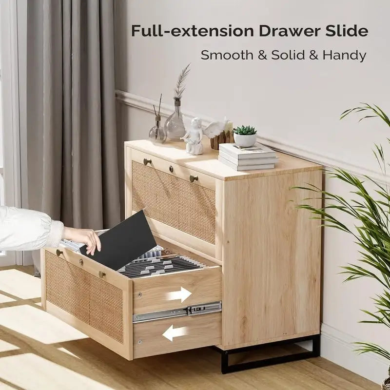 Wood Rattan 2 Drawer Lateral File Cabinet with Lock for Home Office