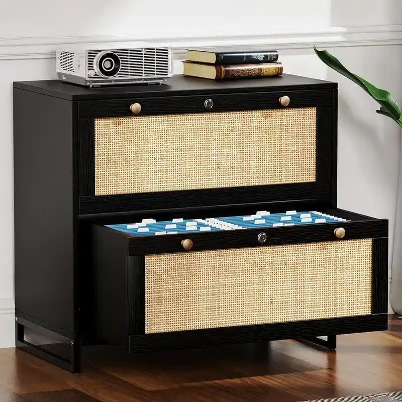Wood Rattan 2 Drawer Lateral File Cabinet with Lock for Home Office