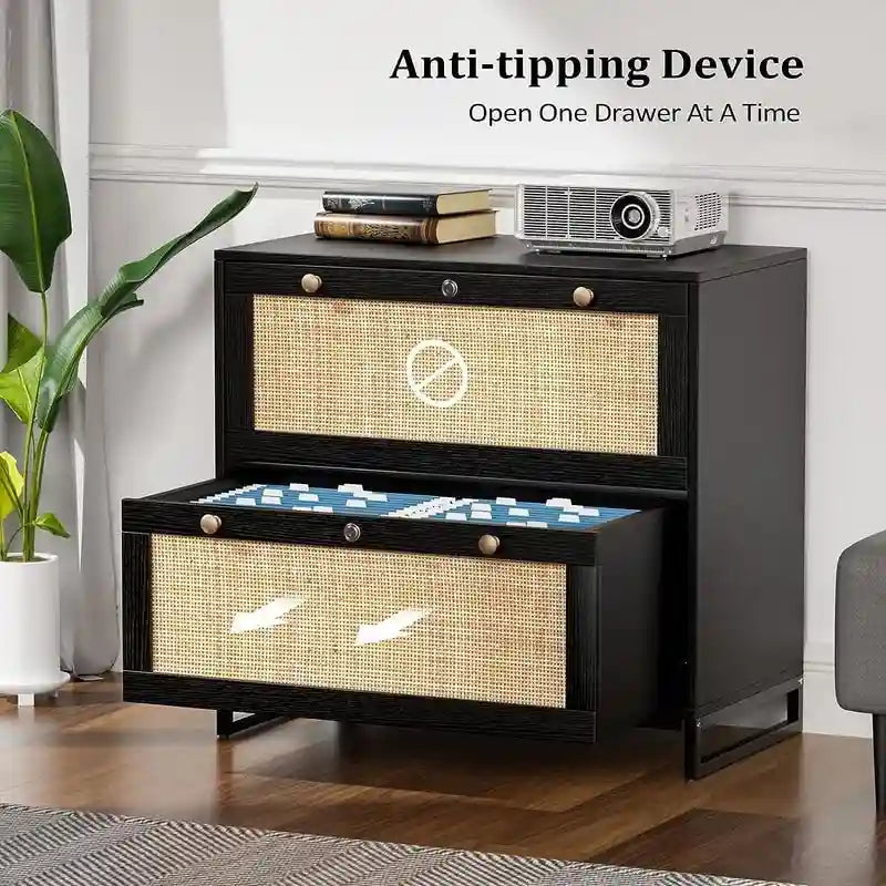 Wood Rattan 2 Drawer Lateral File Cabinet with Lock for Home Office