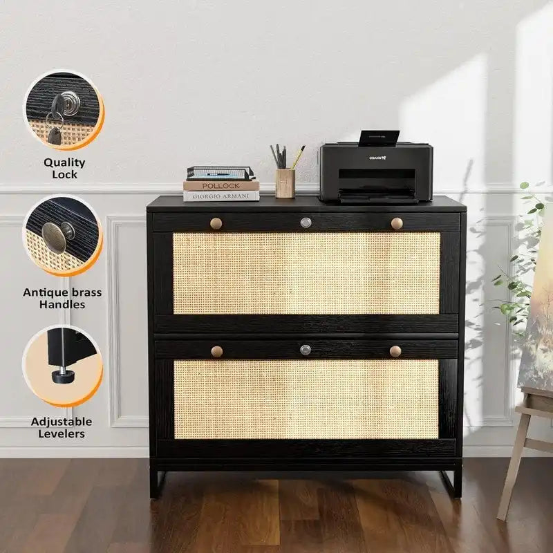 Wood Rattan 2 Drawer Lateral File Cabinet with Lock for Home Office