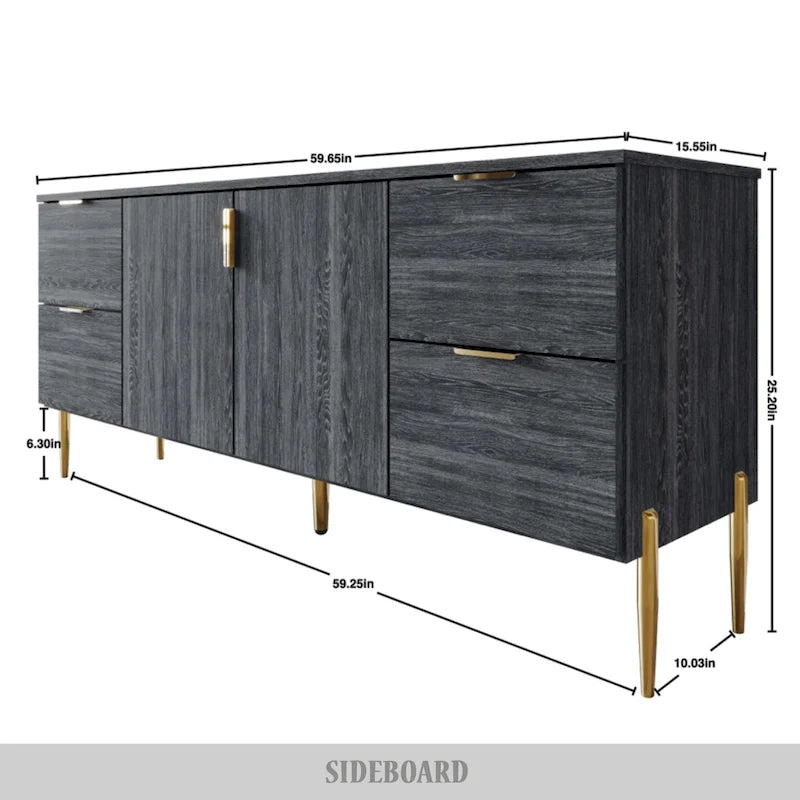 Modern Sideboard Cabinet with 4 Drawers and 2 Cabinets, Gold Handles