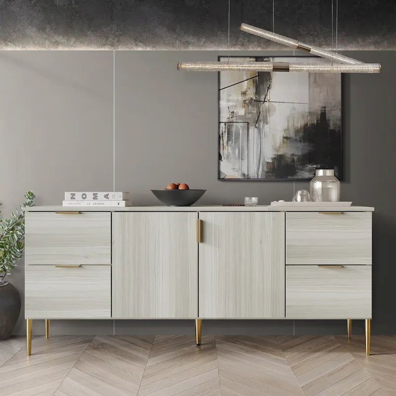 Modern Sideboard Cabinet with 4 Drawers and 2 Cabinets, Gold Handles