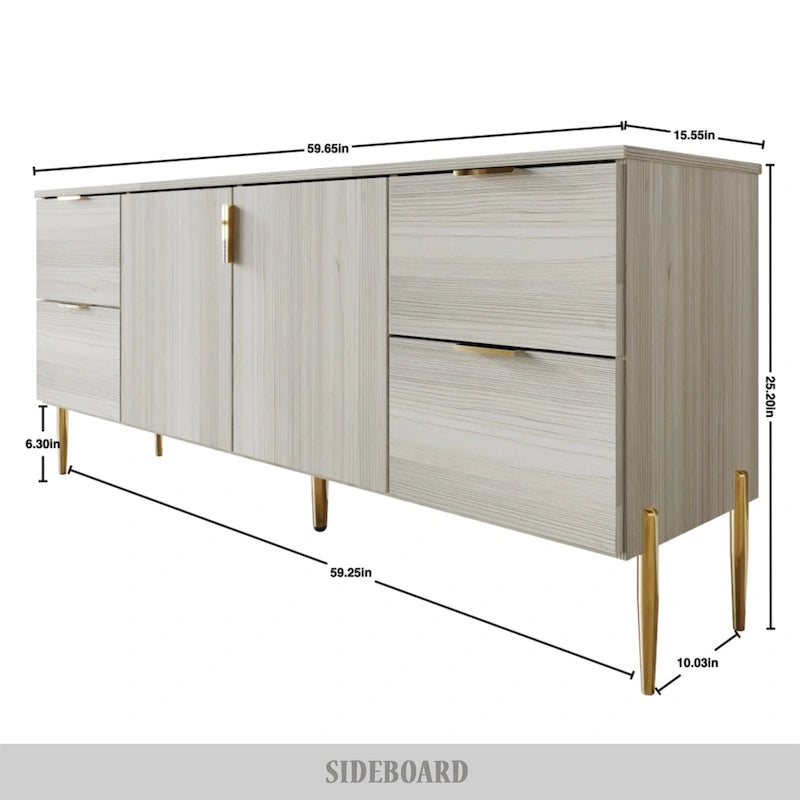 Modern Sideboard Cabinet with 4 Drawers and 2 Cabinets, Gold Handles