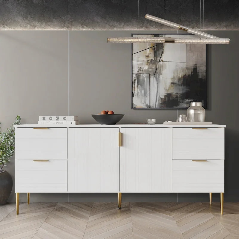 Modern Sideboard Cabinet with 4 Drawers and 2 Cabinets, Gold Handles