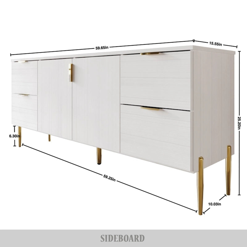Modern Sideboard Cabinet with 4 Drawers and 2 Cabinets, Gold Handles
