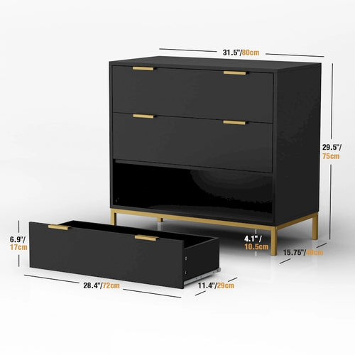 31.5-Inch Wide 3-Drawer Black Dresser, Modern Wood Chest