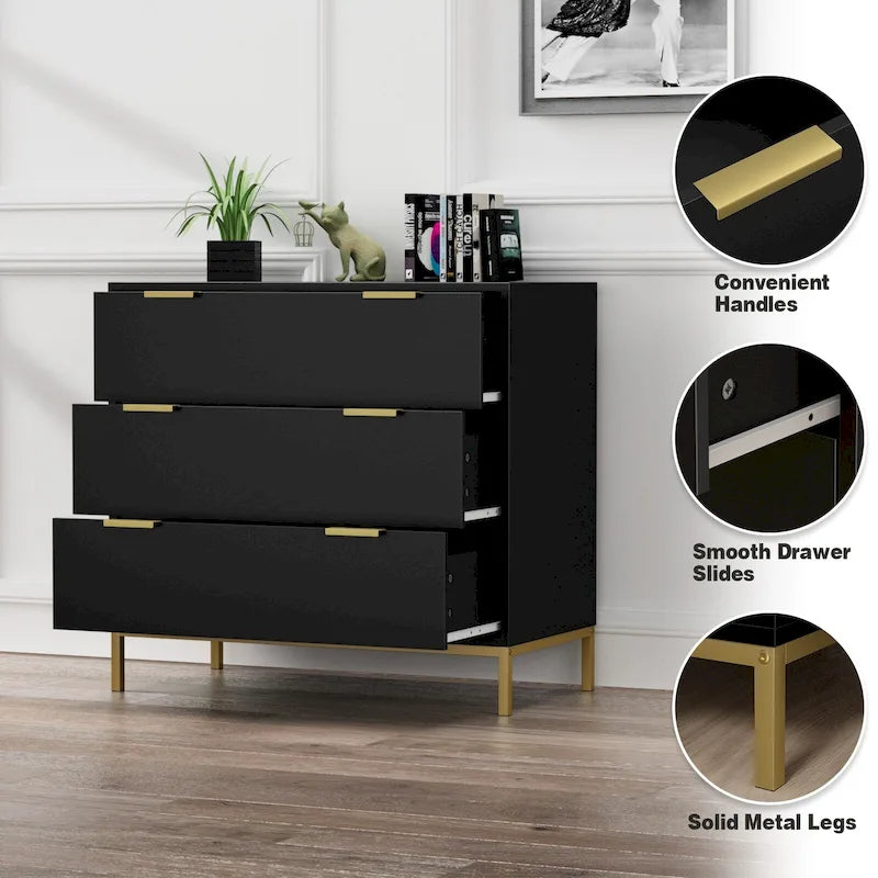 31.5-Inch Wide 3-Drawer Black Dresser, Modern Wood Chest