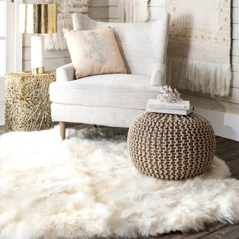 Hand-Knitted Solid Cotton Ottoman Pouf