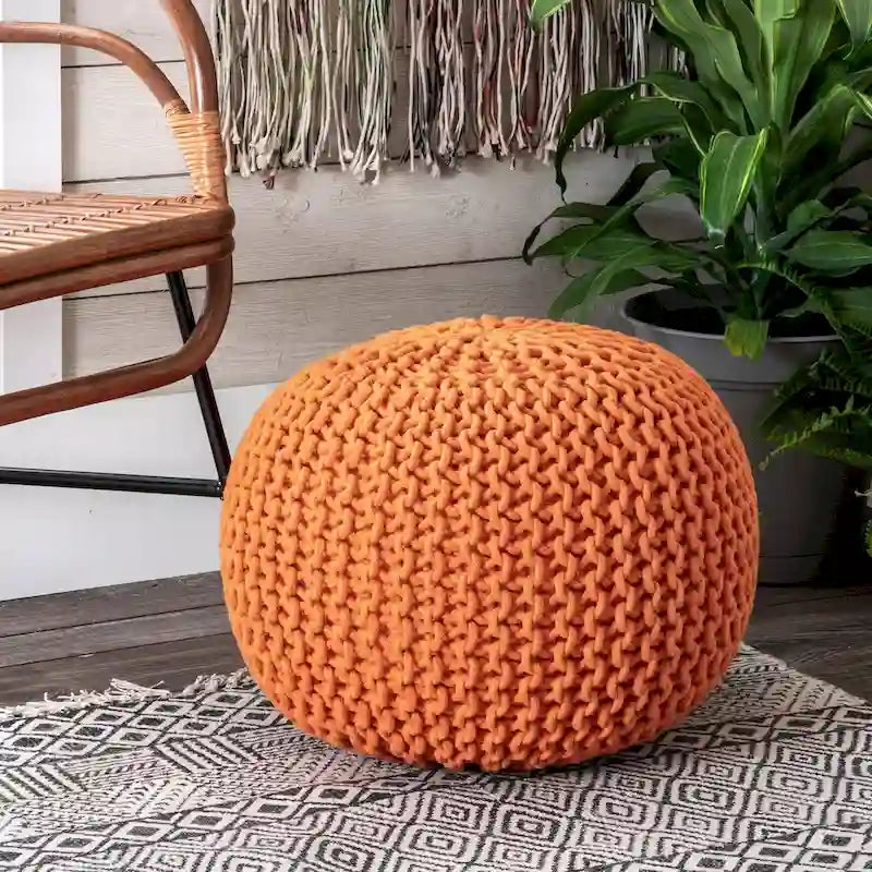 Hand-Knitted Solid Cotton Ottoman Pouf
