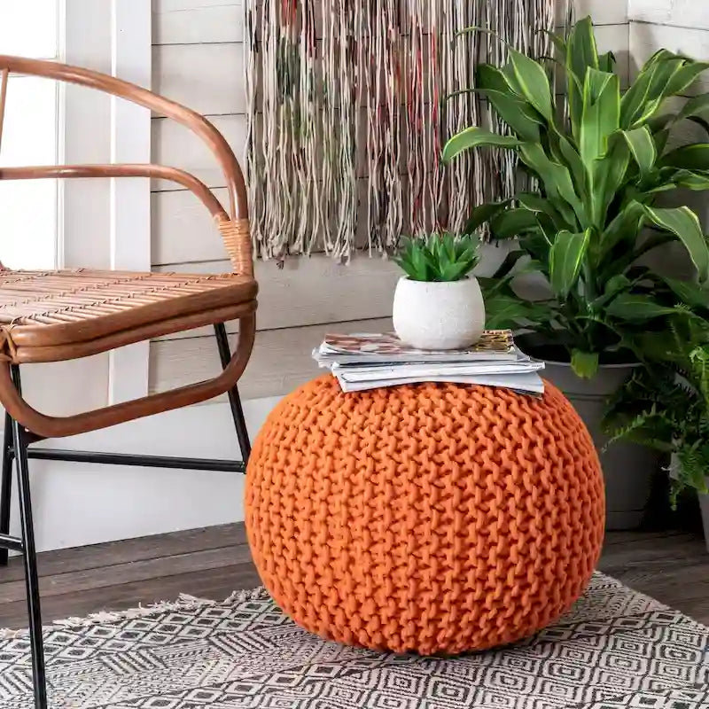 Hand-Knitted Solid Cotton Ottoman Pouf