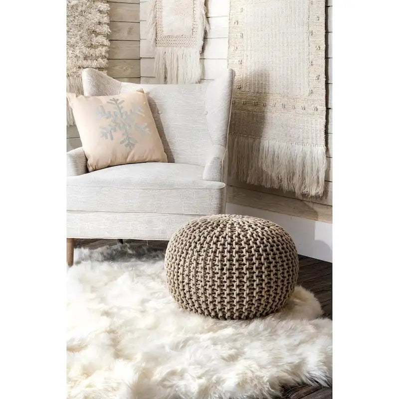 Hand-Knitted Solid Cotton Ottoman Pouf