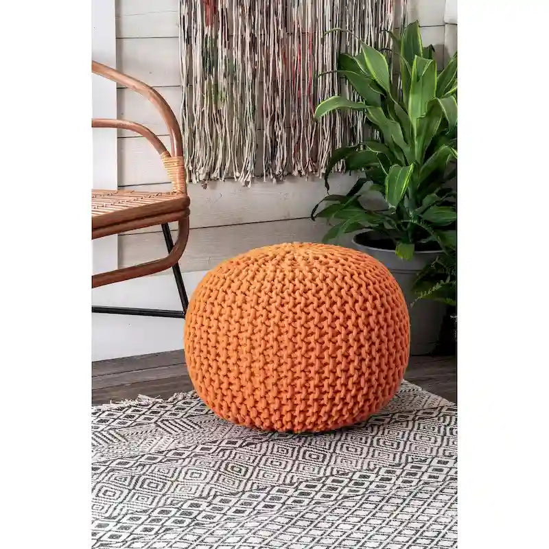 Hand-Knitted Solid Cotton Ottoman Pouf