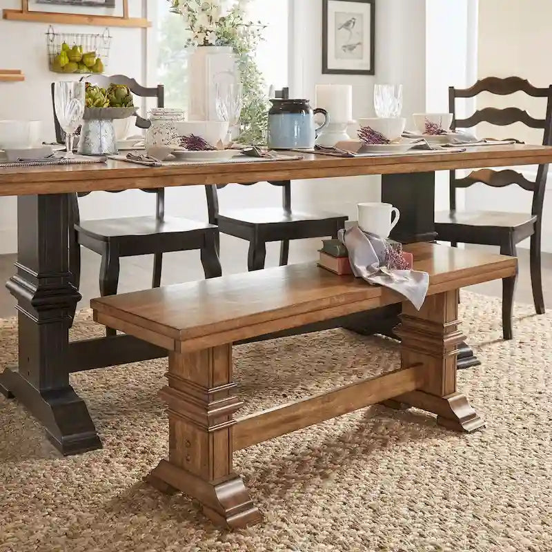 Two-Tone Trestle Leg Wood Dining Bench, Distressed Oak Finish