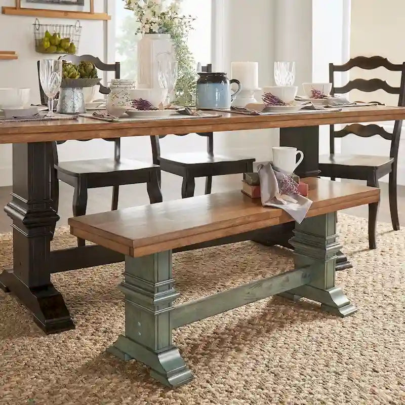 Two-Tone Trestle Leg Wood Dining Bench, Distressed Oak Finish