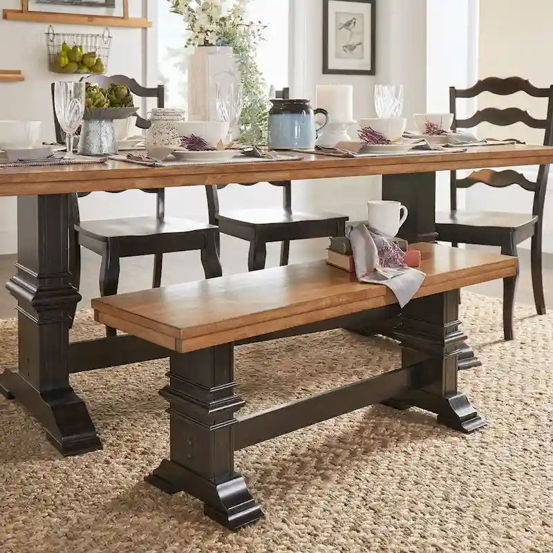 Two-Tone Trestle Leg Wood Dining Bench, Distressed Oak Finish