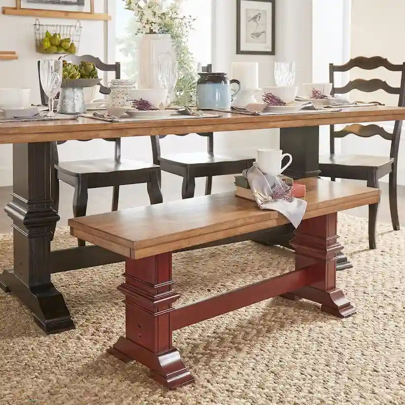 Two-Tone Trestle Leg Wood Dining Bench, Distressed Oak Finish