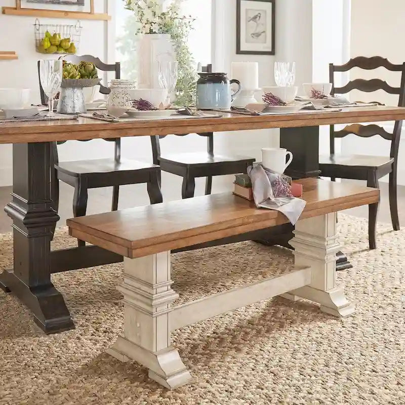 Two-Tone Trestle Leg Wood Dining Bench, Distressed Oak Finish