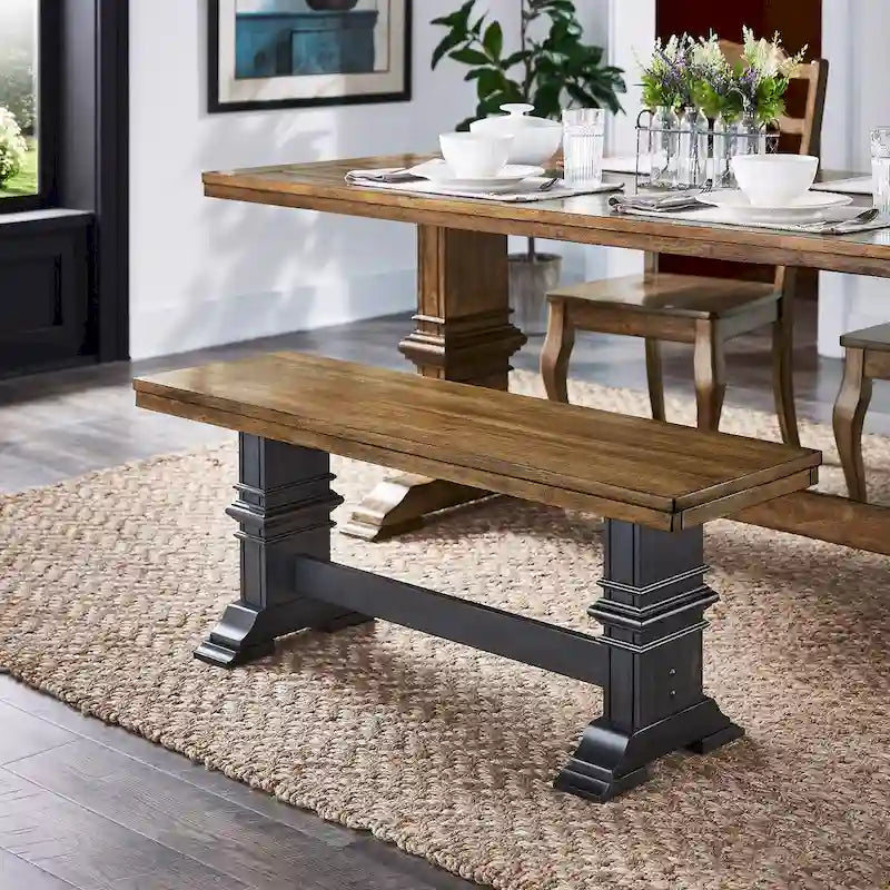 Two-Tone Trestle Leg Wood Dining Bench, Distressed Oak Finish