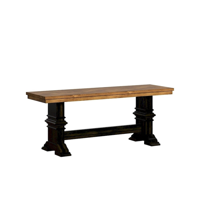 Two-Tone Trestle Leg Wood Dining Bench, Distressed Oak Finish