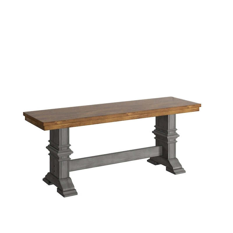 Two-Tone Trestle Leg Wood Dining Bench, Distressed Oak Finish