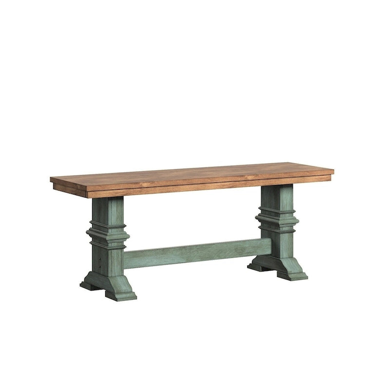 Two-Tone Trestle Leg Wood Dining Bench, Distressed Oak Finish