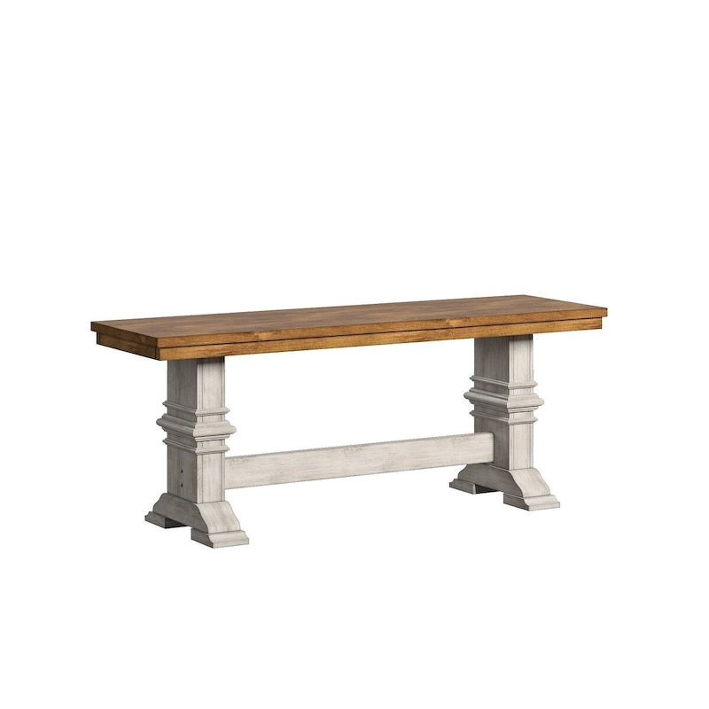 Two-Tone Trestle Leg Wood Dining Bench, Distressed Oak Finish