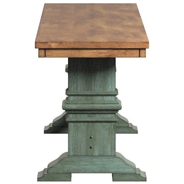 Two-Tone Trestle Leg Wood Dining Bench, Distressed Oak Finish