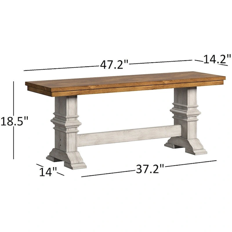 Two-Tone Trestle Leg Wood Dining Bench, Distressed Oak Finish