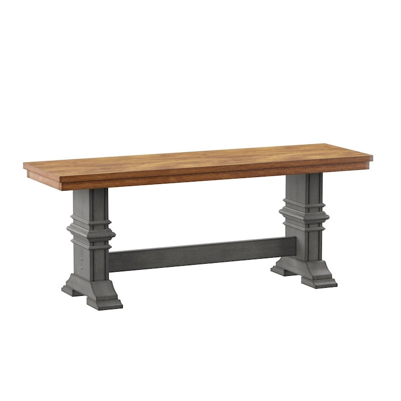 Two-Tone Trestle Leg Wood Dining Bench, Distressed Oak Finish