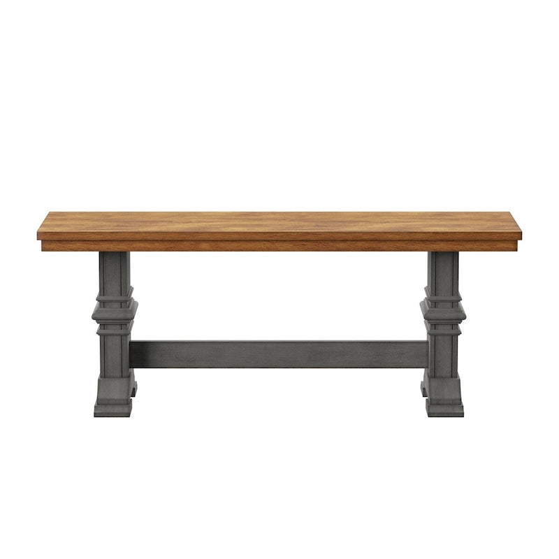 Two-Tone Trestle Leg Wood Dining Bench, Distressed Oak Finish
