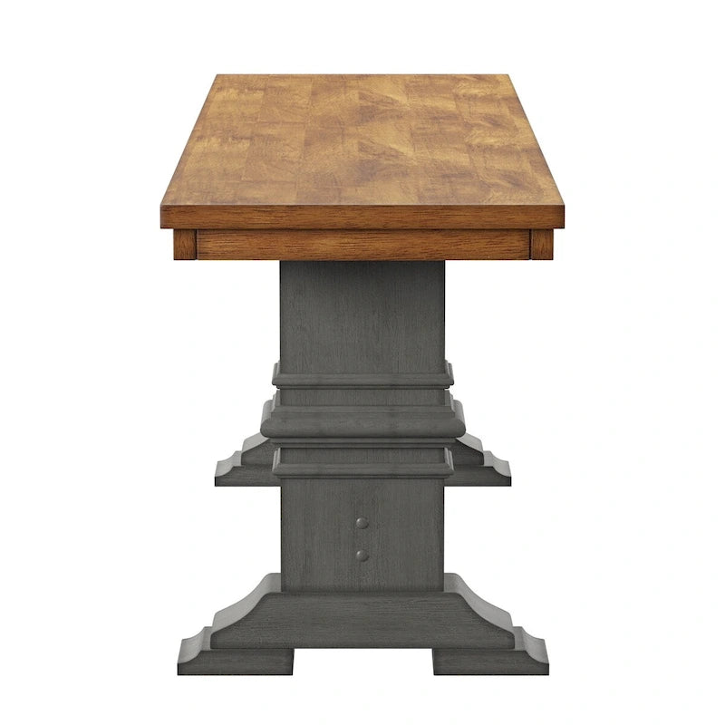 Two-Tone Trestle Leg Wood Dining Bench, Distressed Oak Finish