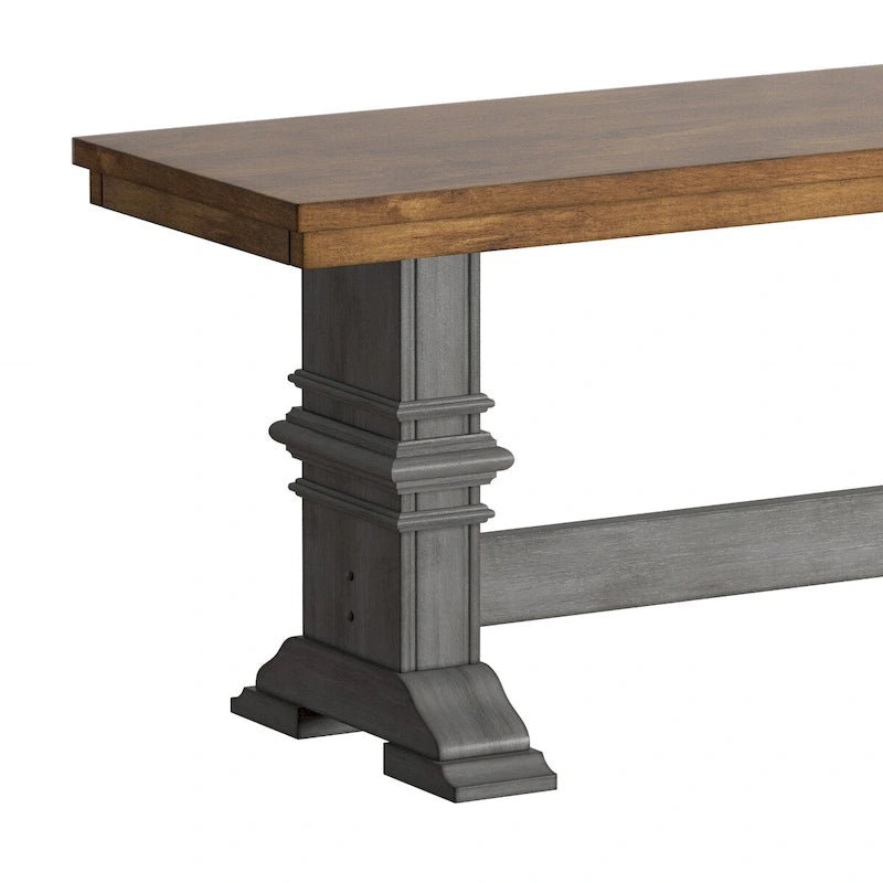 Two-Tone Trestle Leg Wood Dining Bench, Distressed Oak Finish