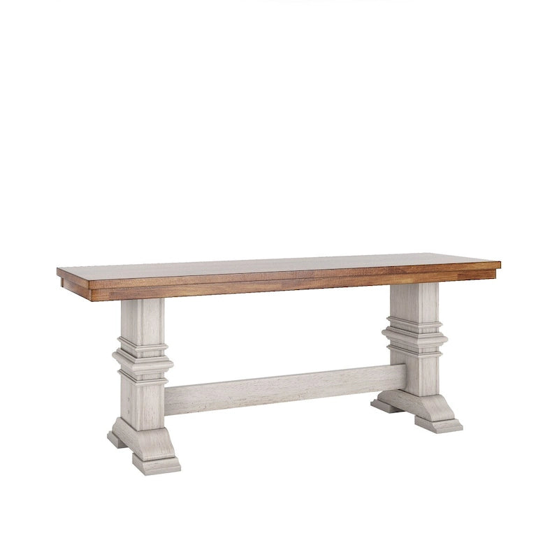 Two-Tone Trestle Leg Wood Dining Bench, Distressed Oak Finish