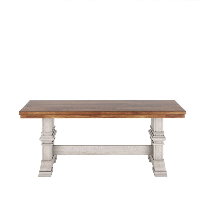 Two-Tone Trestle Leg Wood Dining Bench, Distressed Oak Finish