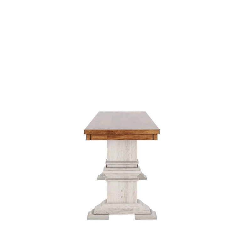 Two-Tone Trestle Leg Wood Dining Bench, Distressed Oak Finish