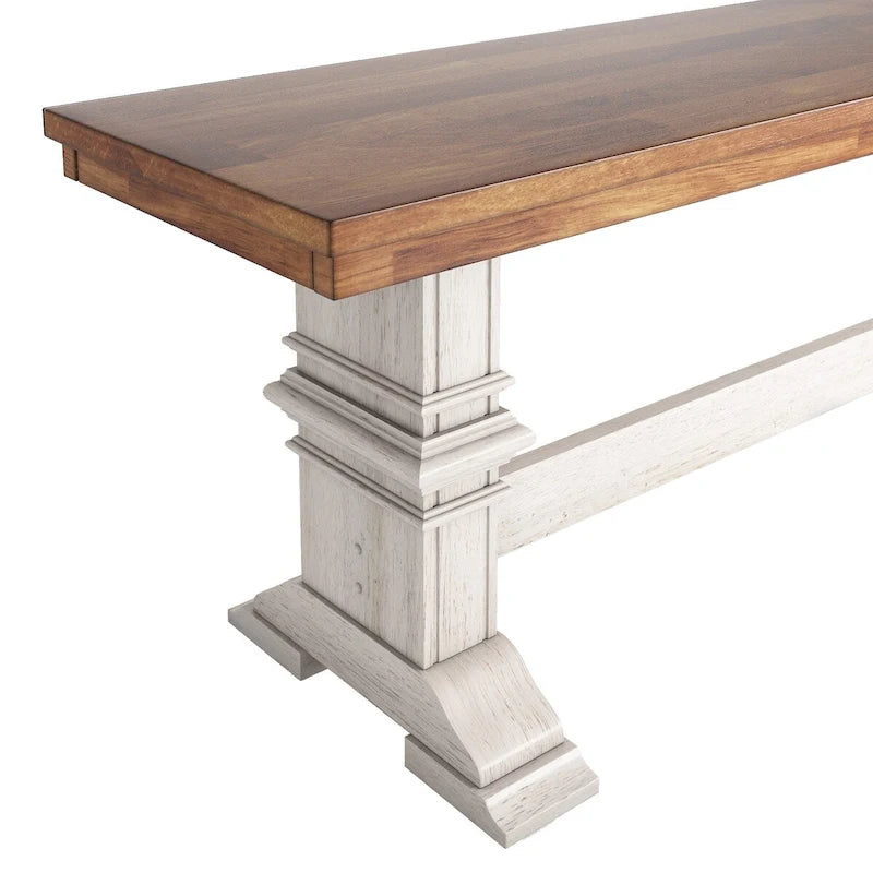 Two-Tone Trestle Leg Wood Dining Bench, Distressed Oak Finish