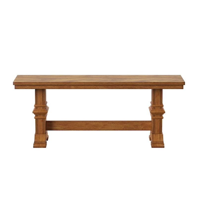 Two-Tone Trestle Leg Wood Dining Bench, Distressed Oak Finish