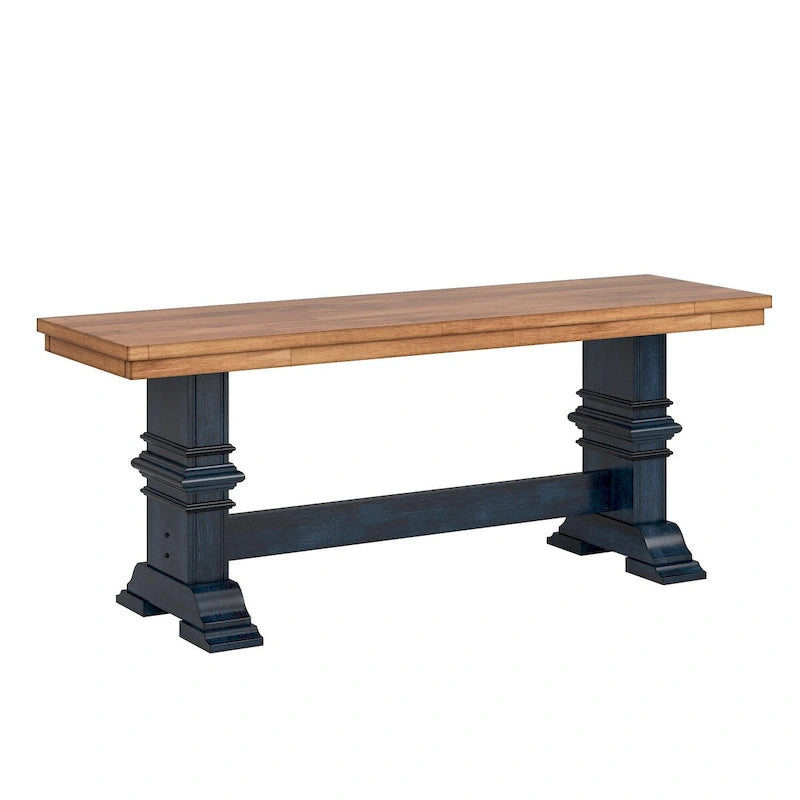 Two-Tone Trestle Leg Wood Dining Bench, Distressed Oak Finish
