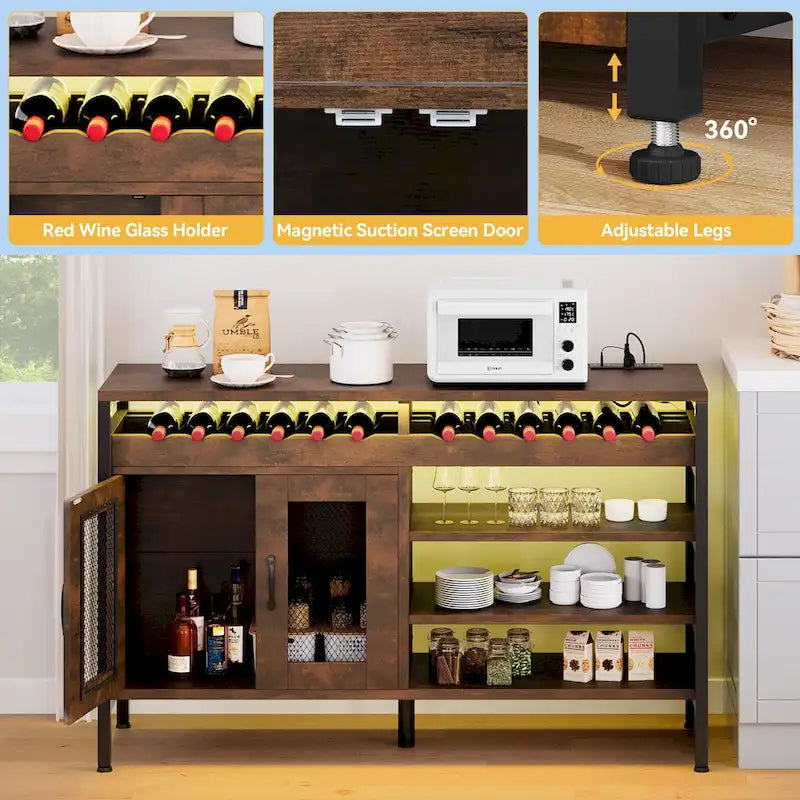 55-inch Industrial Coffee Bar Cabinet with LED Lights and Power Outlets