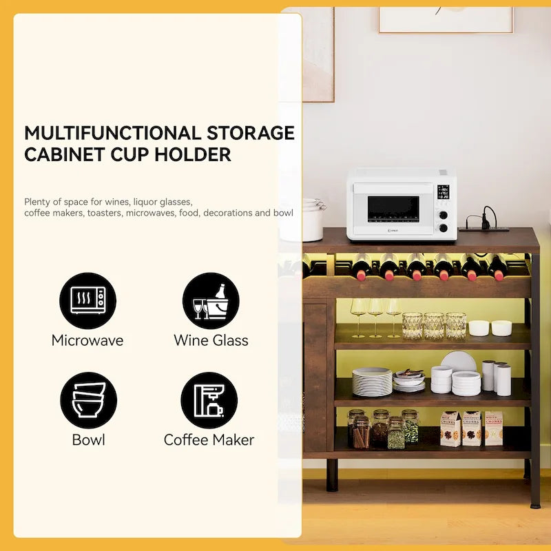 55-inch Industrial Coffee Bar Cabinet with LED Lights and Power Outlets