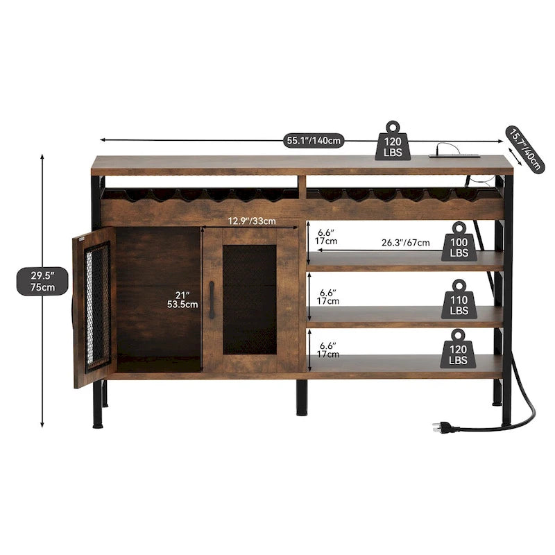 55-inch Industrial Coffee Bar Cabinet with LED Lights and Power Outlets