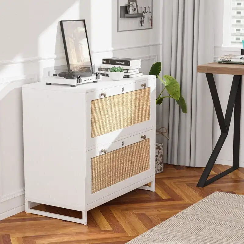 Lateral 2 Drawer Wood Rattan File Cabinet with Lock for Home Office